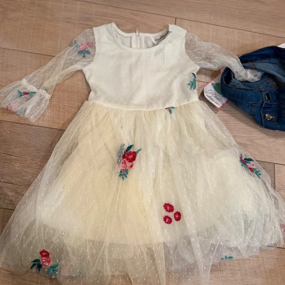 RARE EDITIONS GIRLS 4T DENIM & TULLE DRESS NEW FLORAL
